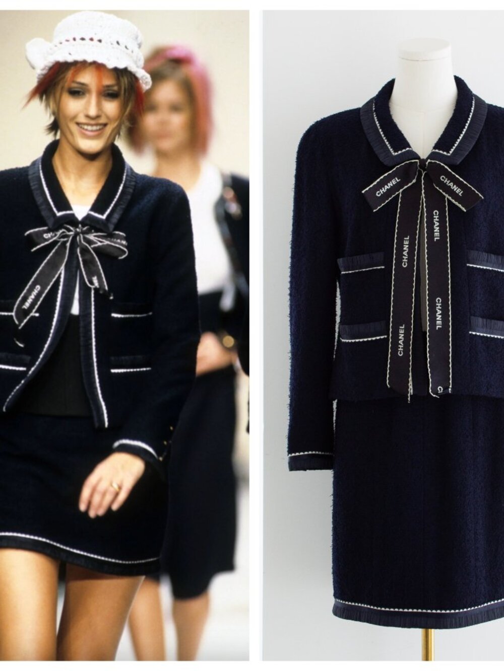 Chanel Vintage S/S 1994 Navy Blue Logo Bow 94P Jacket Skirt Suit